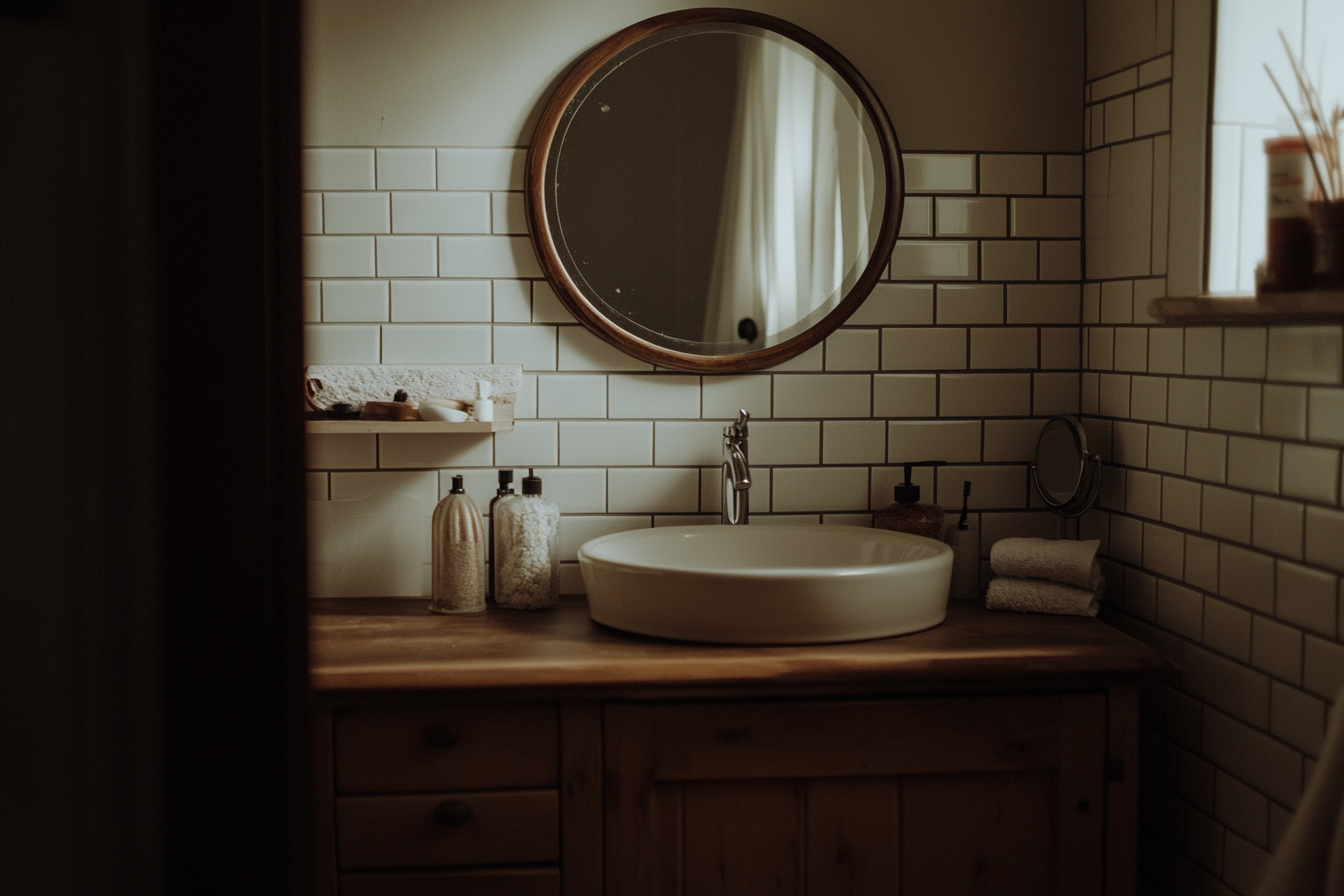 Compacte badkamer met witte metrotegels, een hangend toilet en een wastafel aan de muur
