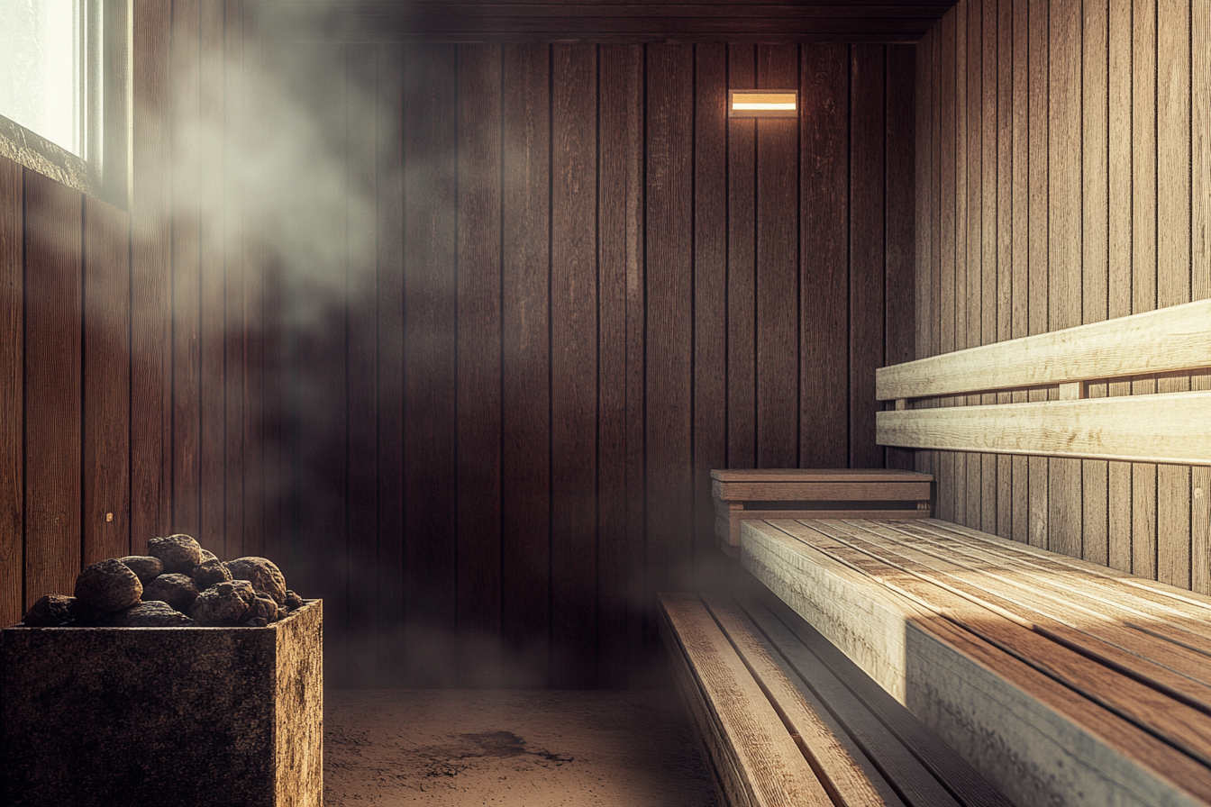 Houten sauna met stoom boven de kachelstenen en lege banken op twee hoogtes