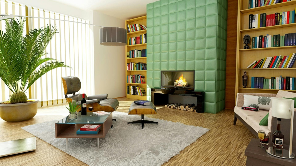 Retro woonkamer met een leren lounge chair, groene getegelde haard, boekenkasten en een wit hoogpolig kleed